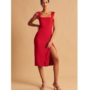 NWT A&F Tall Wide Strap Square Neck Midi Slit Dress in Cherry Red